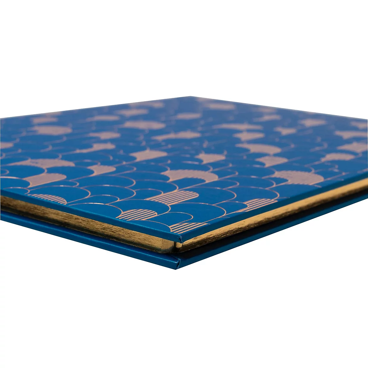 Blaues Buch mit goldener Seite und Musterung.