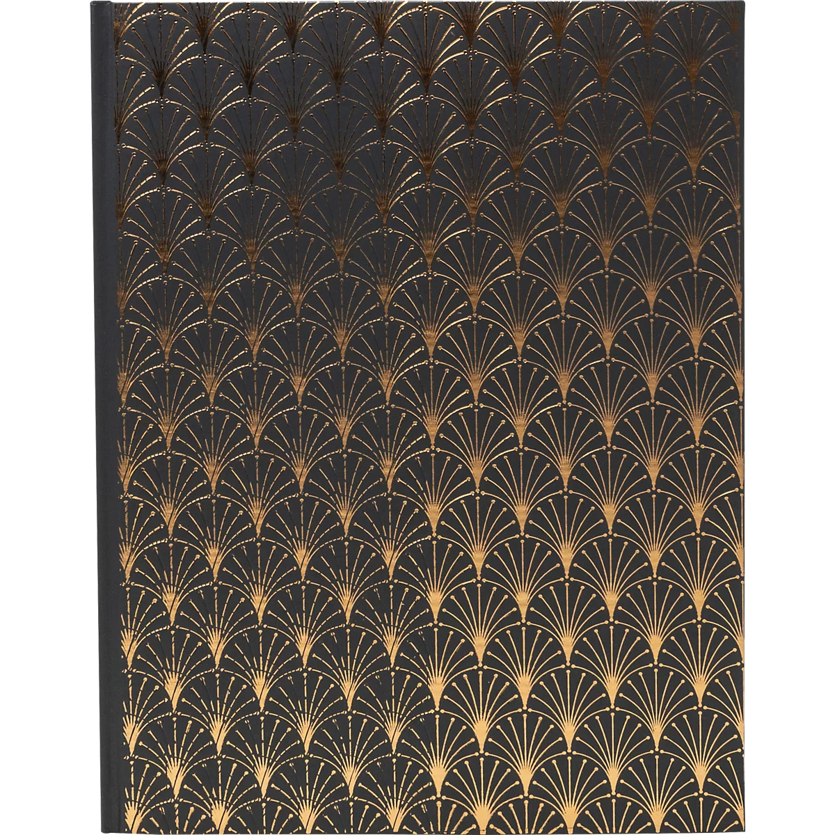 Schwarzer Hintergrund mit goldenem, fächerförmigem Muster. Einband mit geometrischem Design.