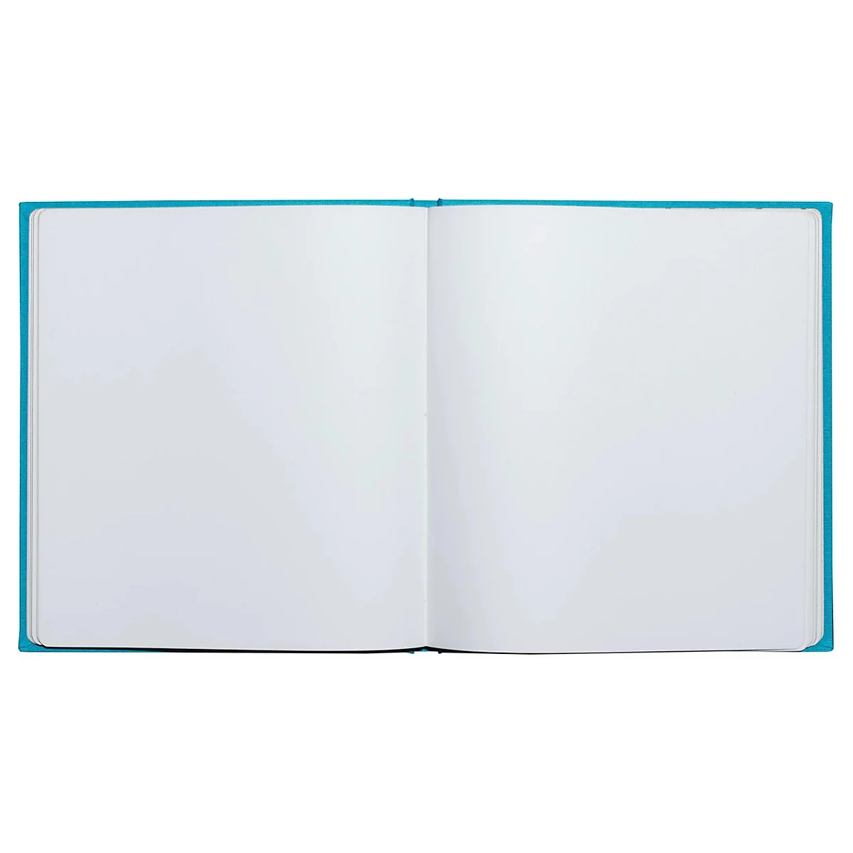 Aufgeschlagenes Notizbuch mit leerem, weißem Papier, hellblauer Einband.