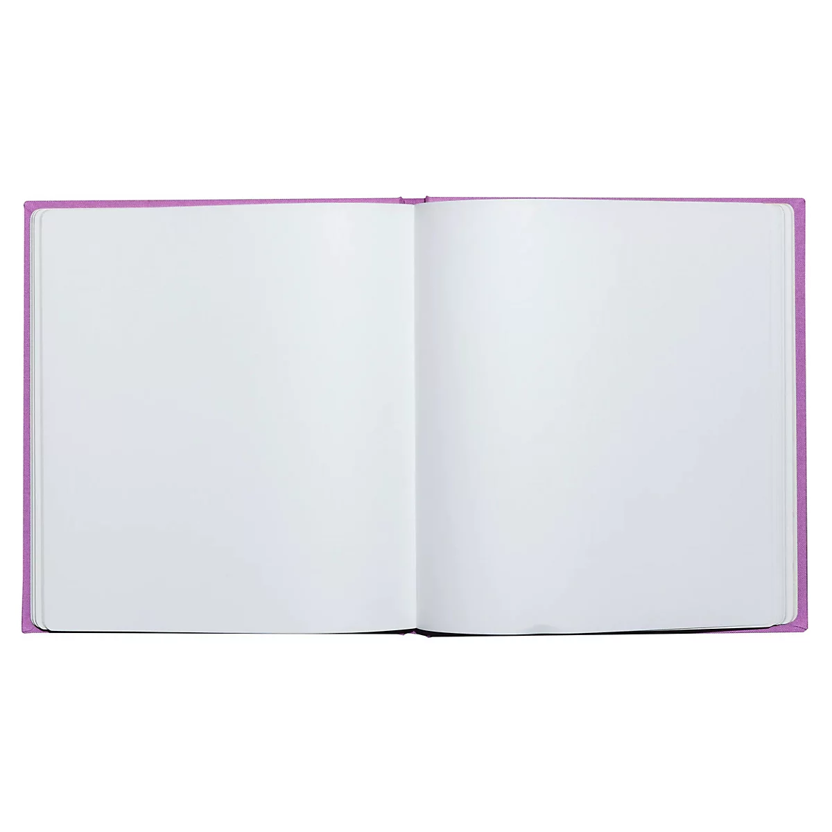 Ein offenes lilafarbenes Notizbuch mit leeren Seiten.