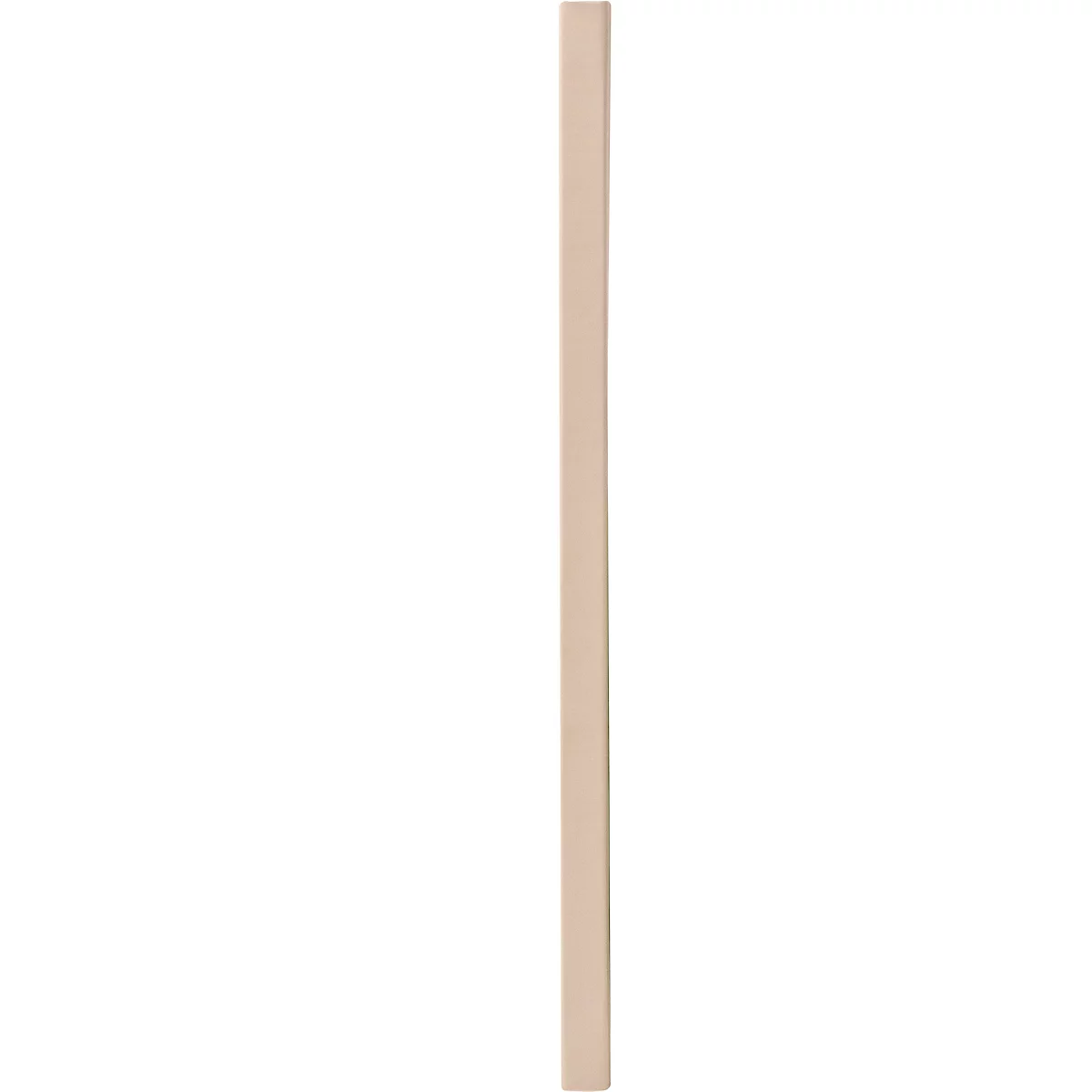 Ein hellbraunes, schmales Holzteil steht aufrecht vor weißem Hintergrund.