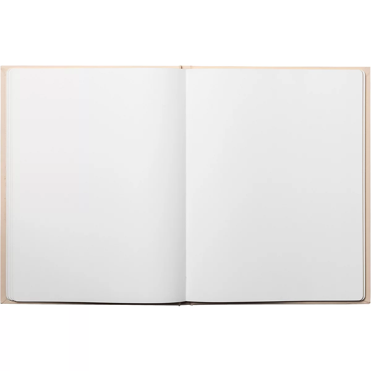Ein offenes Notizbuch mit leeren, weißen Seiten. Der Einband ist hellbraun.