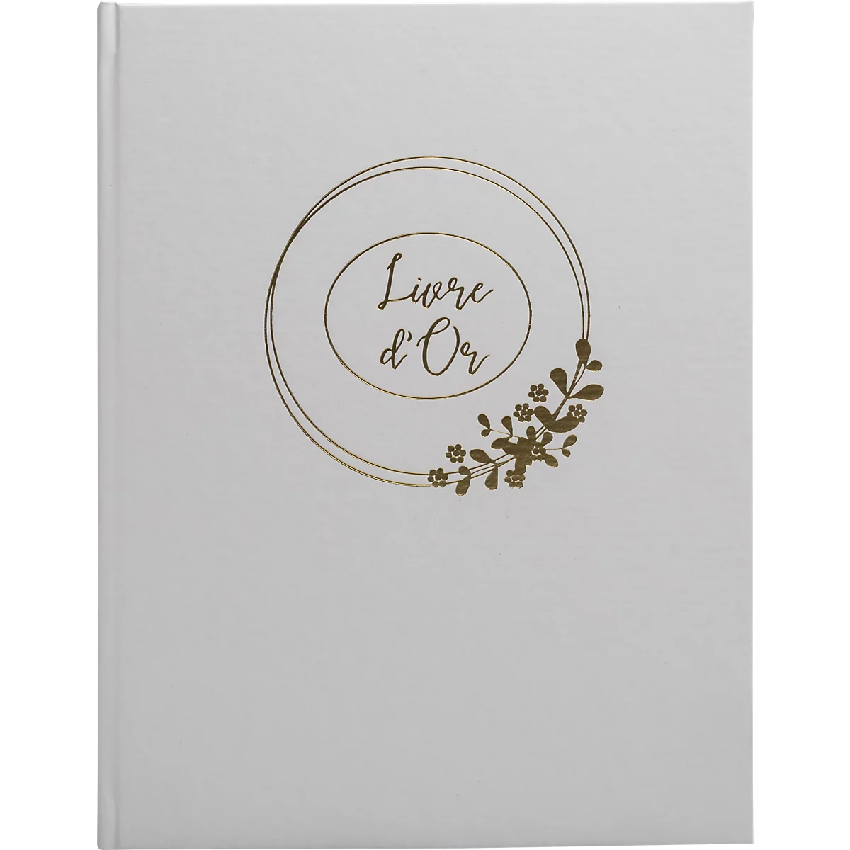 Weißes Gästebuch mit goldener Verzierung. Auf dem Buch steht „Livre d'Or“.