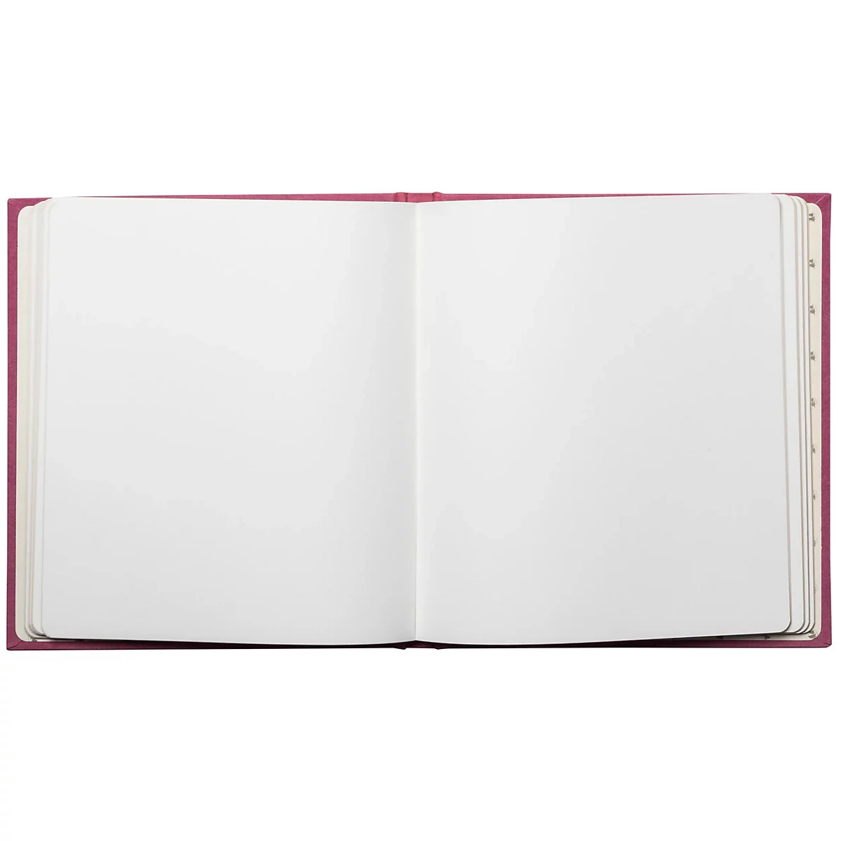Aufgeschlagenes Notizbuch mit leerem, weißem Papier. Der Einband ist pink.