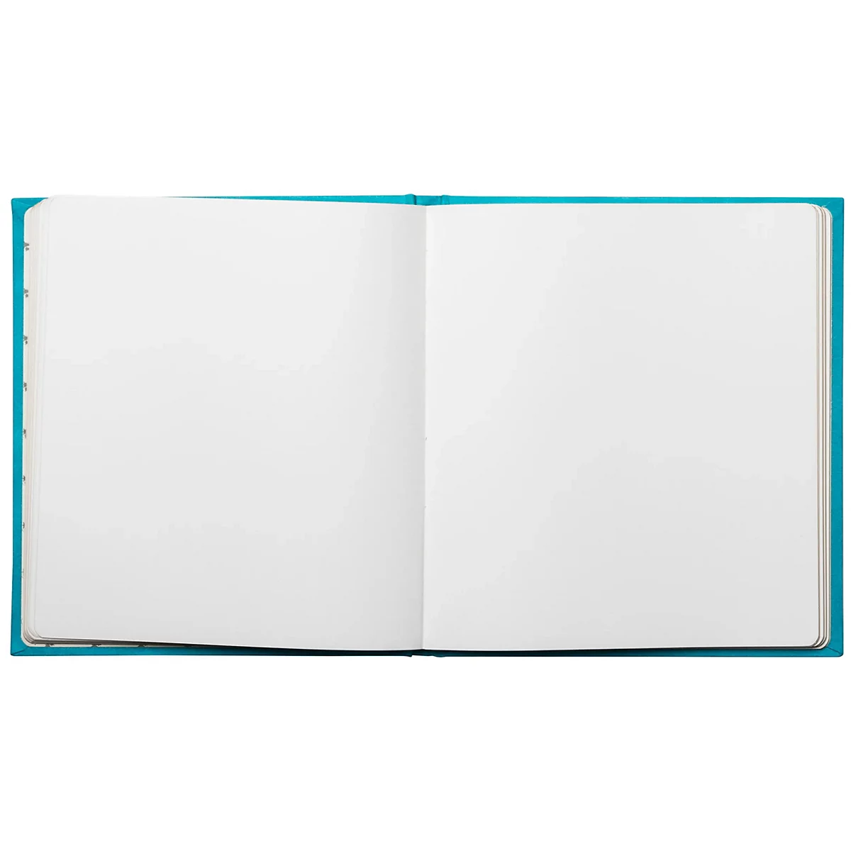 Aufgeschlagenes Notizbuch mit leerem, weißem Papier, hellblauer Einband.
