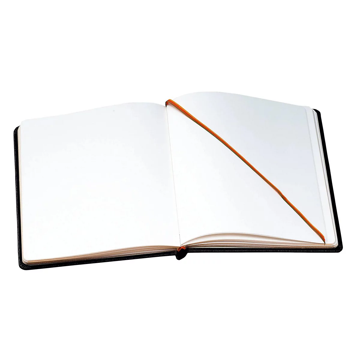 Open notitieboek met leeg, wit papier, oranje bladwijzer en zwarte kaft.