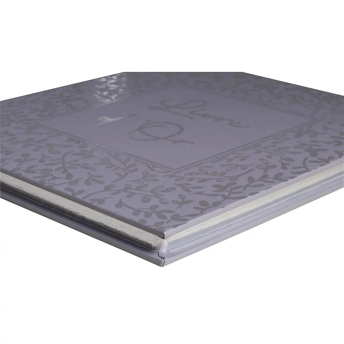 Lichtpaars boek met bloempatroon. De titel 'Livre d'or' is in zilver geschreven.