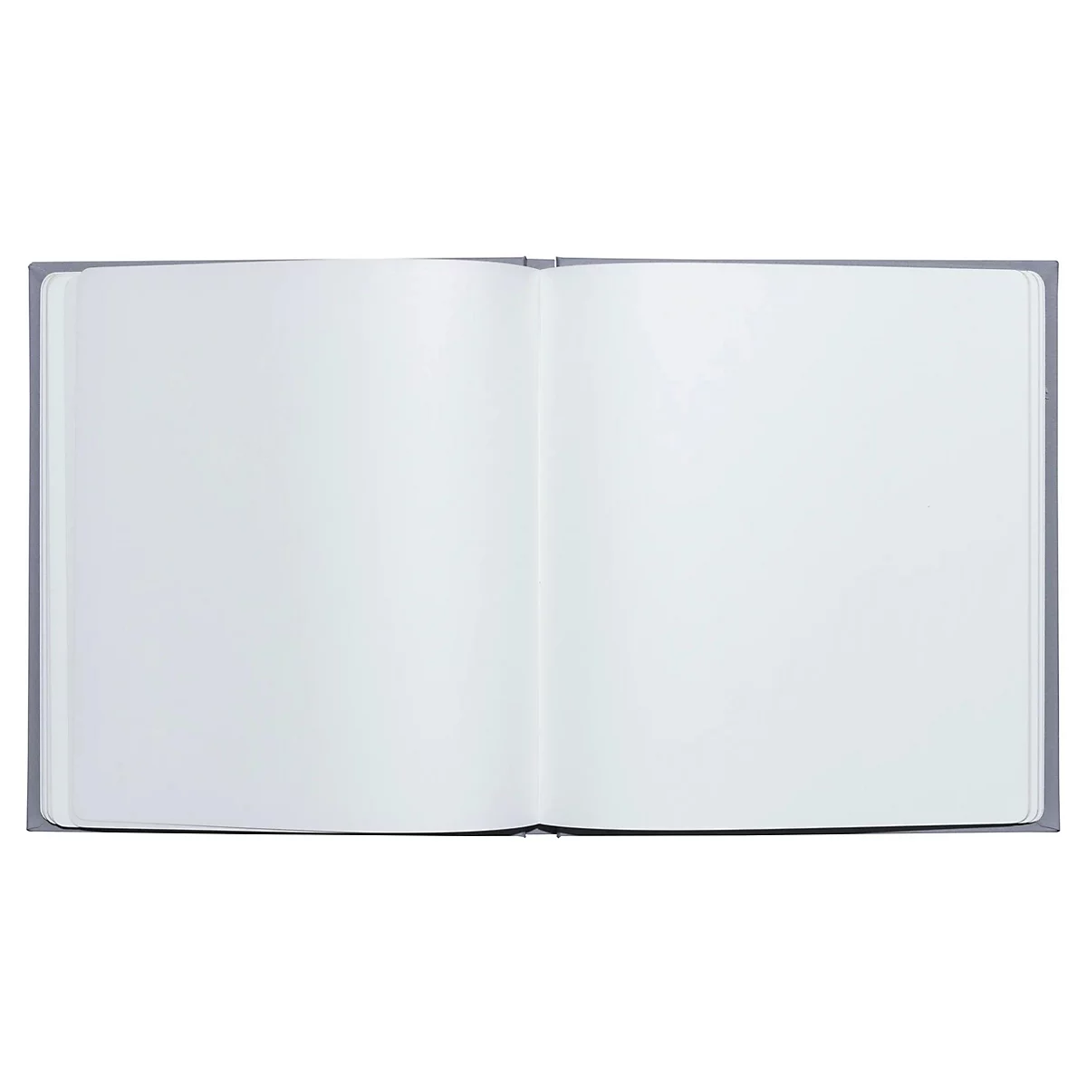 Open grijs notitieboek met lege witte pagina's.