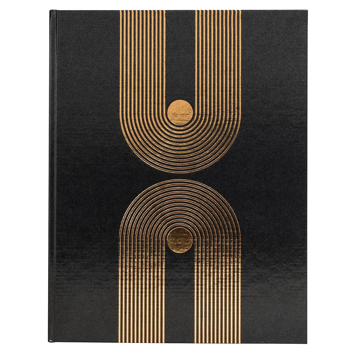 Zwart notitieboek met gouden geometrisch ontwerp dat een halve cirkel en een boog vormt.