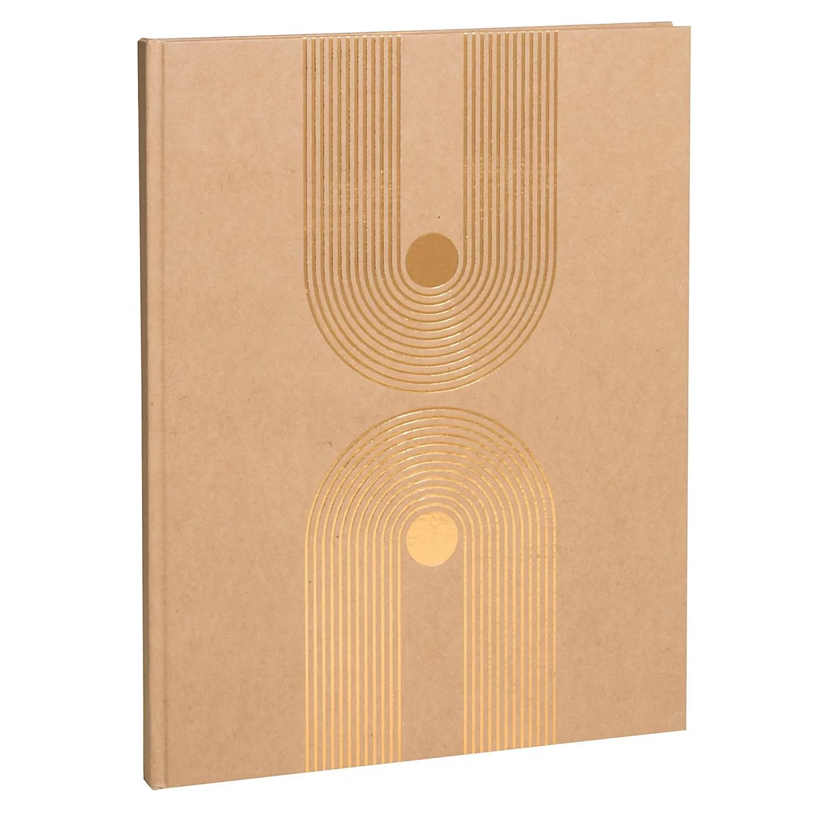 Beige notitieboek met gouden patroon. Halve cirkelpatroon met gouden cirkels aan de boven- en onderkant.