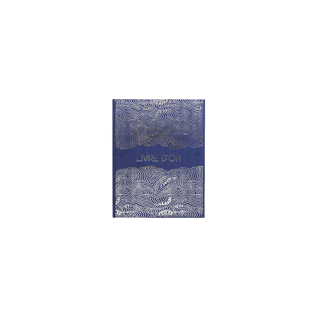 Blauw boek met zilveren golfpatronen en het opschrift 'LIVRE D'OR'.