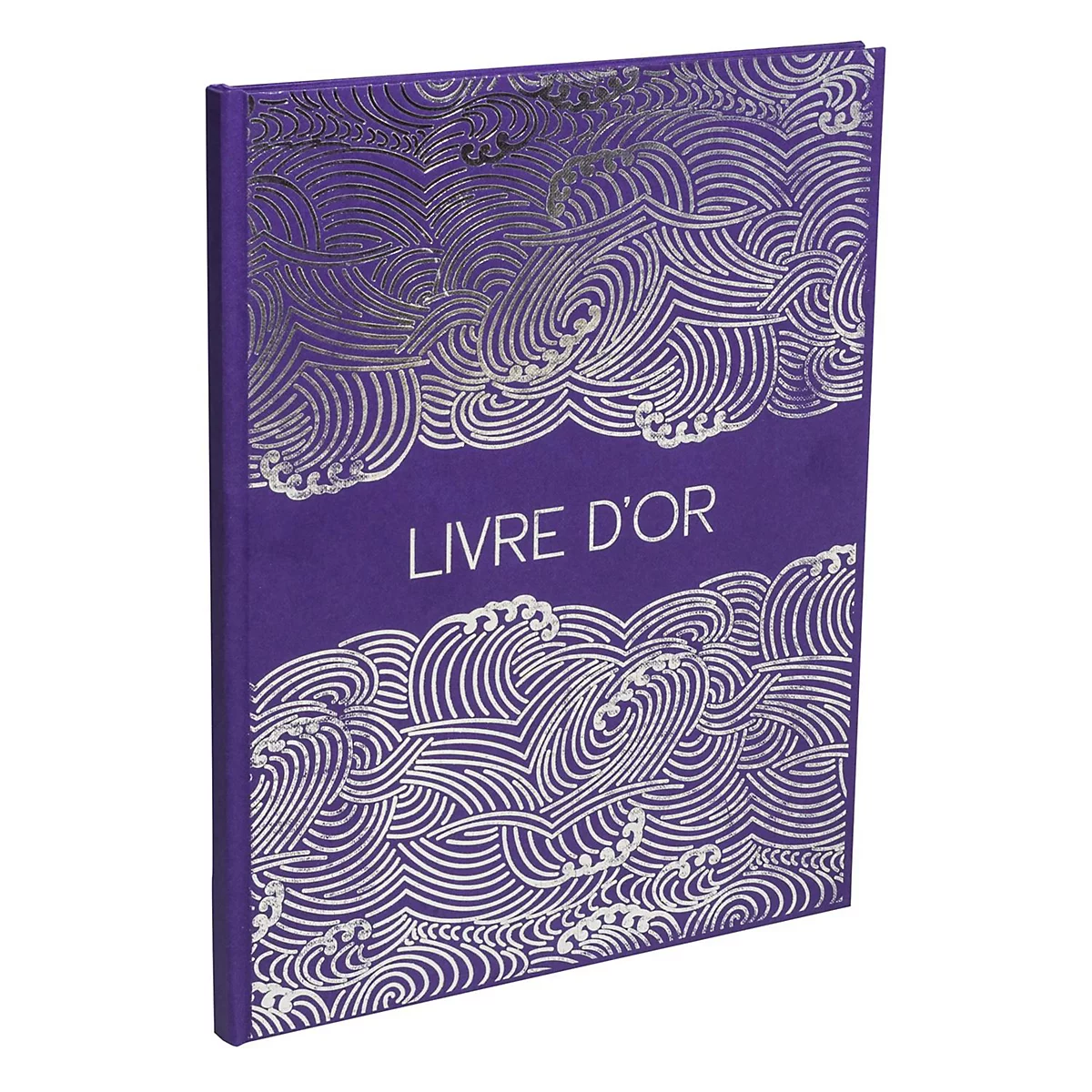 Paars boek met zilveren golfachtige versieringen. Er staat 'LIVRE D'OR'.