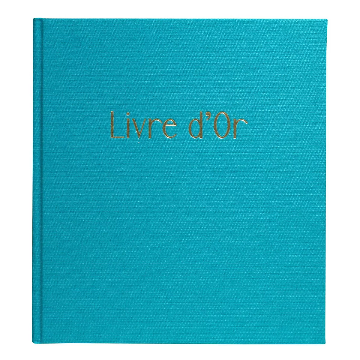 Een turquoise boek met gouden letters: Livre d'Or.