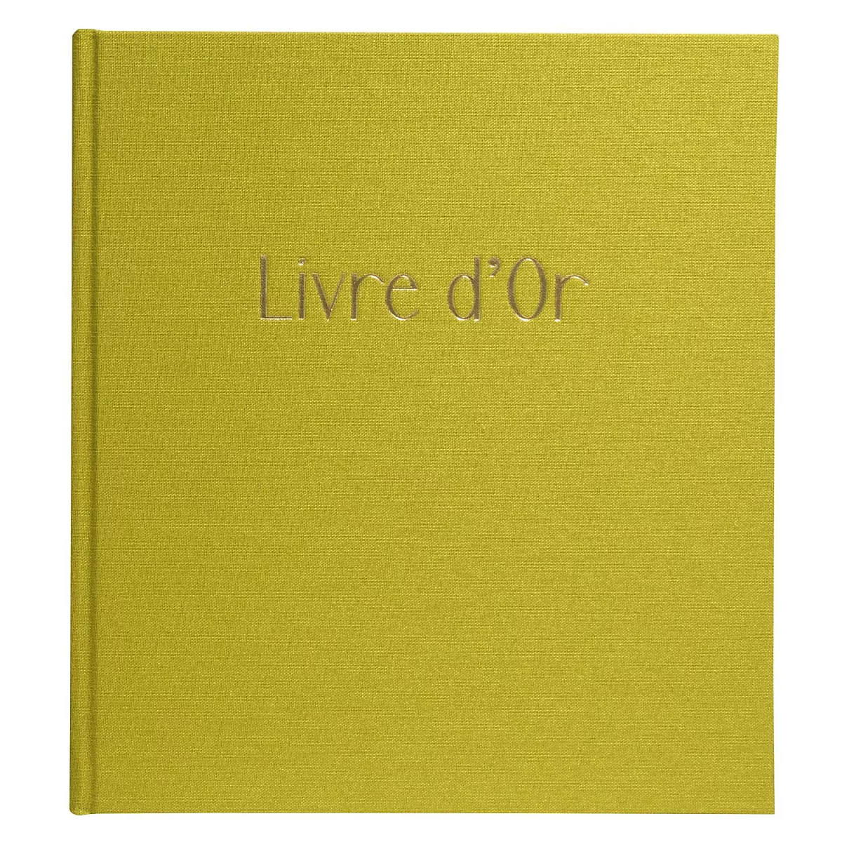 Geelgroen boek met de titel "Livre d'Or" in reliëf.