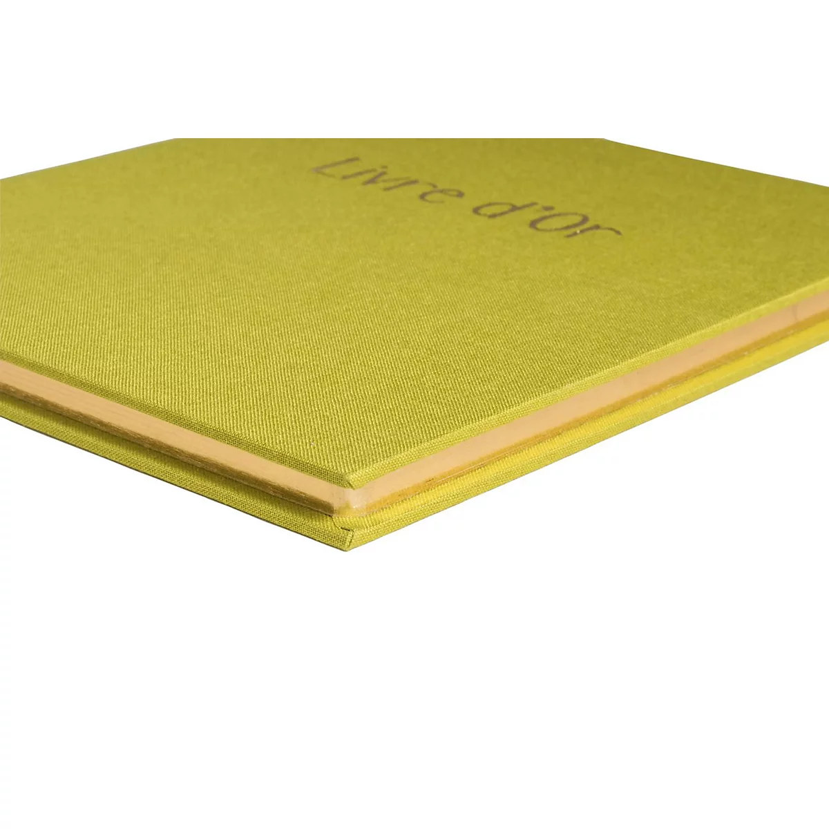 Close-up van een boek met een gele kaft. Op de kaft staat "Livre d'Or".