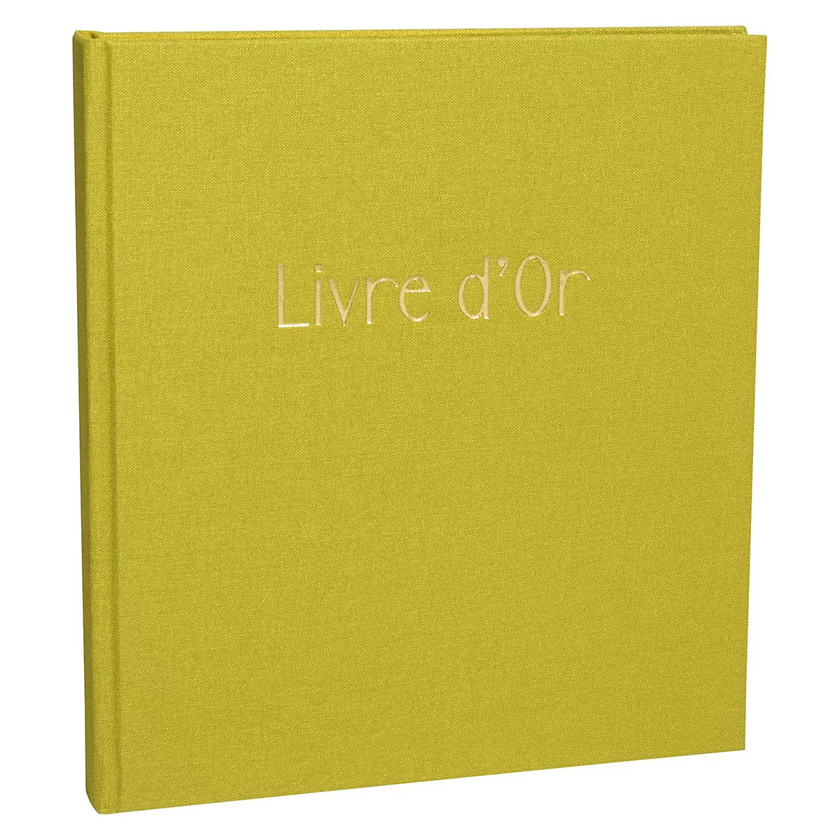 Geelgroen boek met gouden belettering: Livre d'Or. De kaft heeft een stoffen structuur. Het boek staat iets schuin.