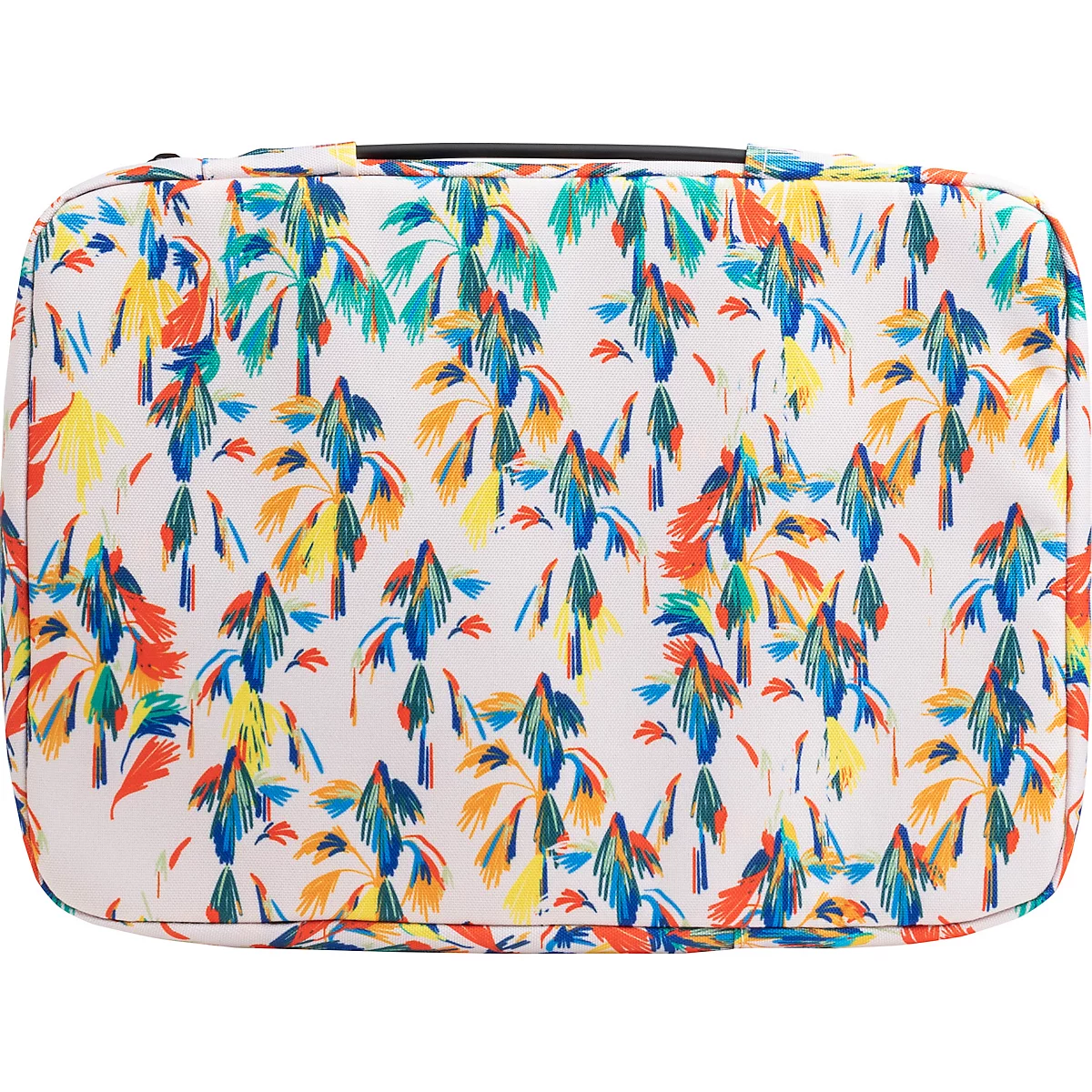 Sac de voyage avec motif de palmiers jaune, bleu et orange sur fond blanc.