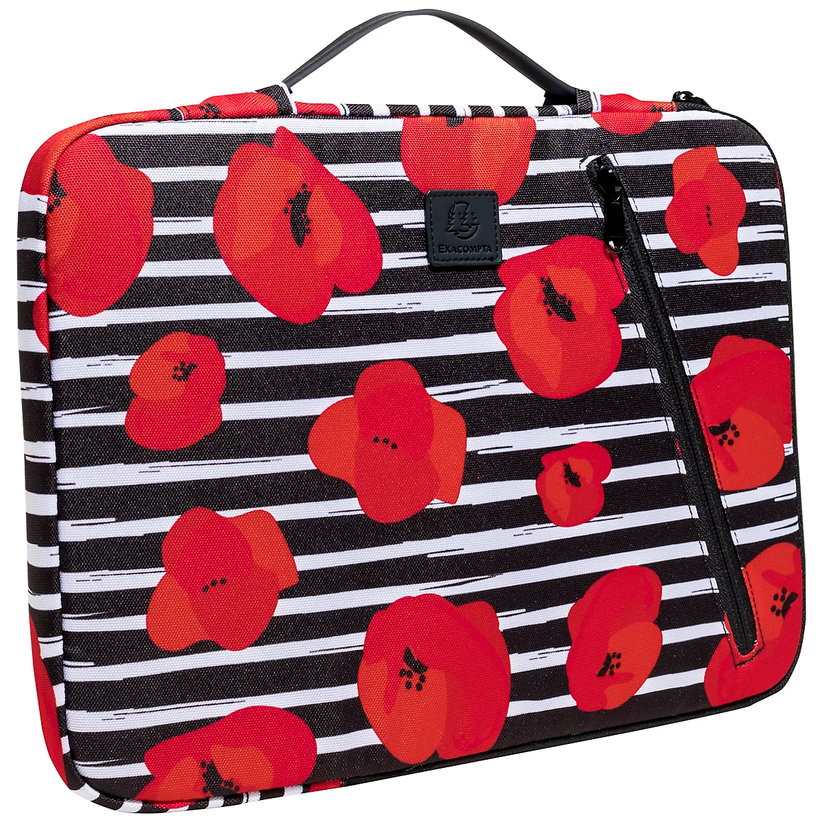 Sac avec un motif floral rouge sur fond rayé noir et blanc. Fermeture éclair et poignée.