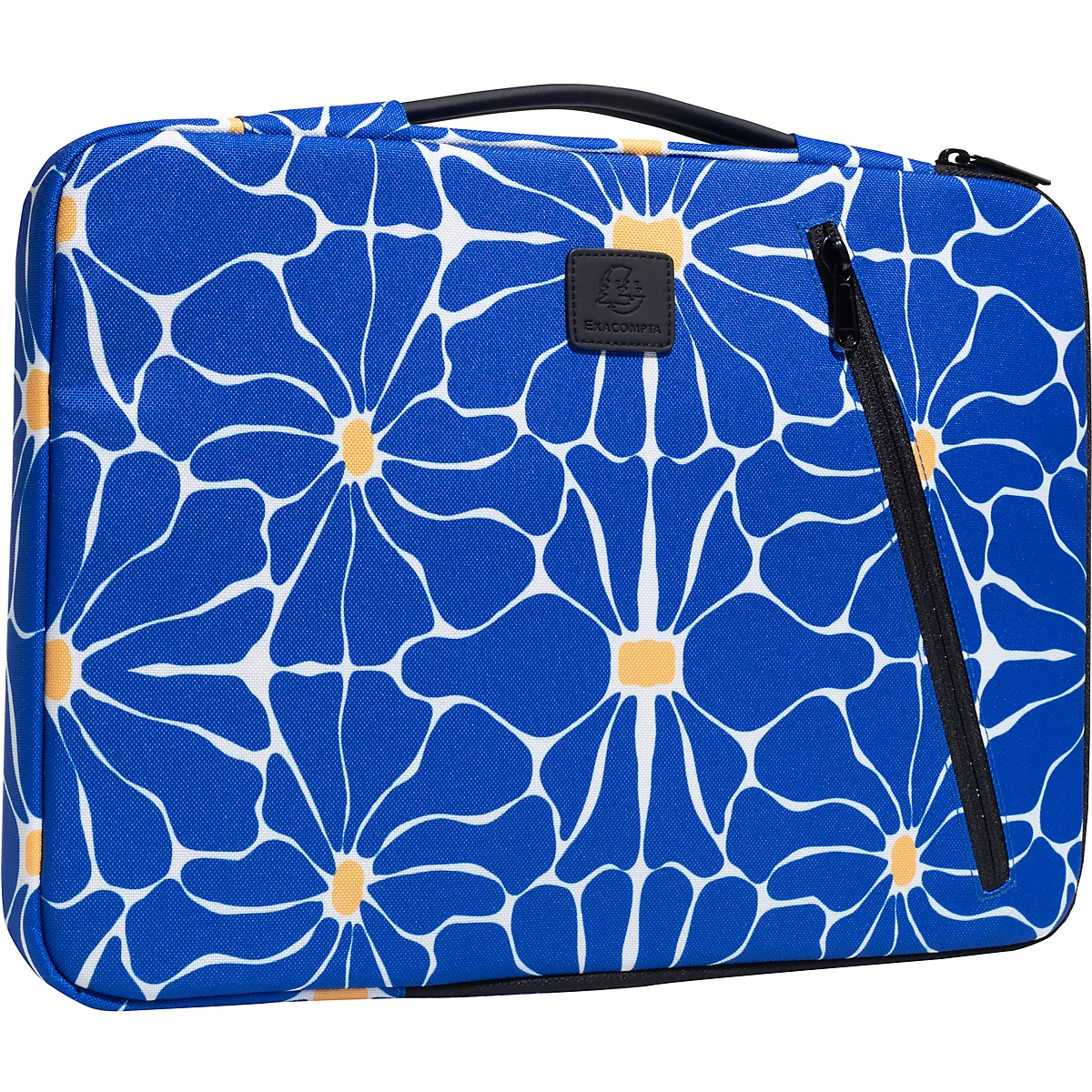 Bagage bleue avec motif floral blanc. Comprend une fermeture éclair, une poignée noire et un écusson avec logo.
