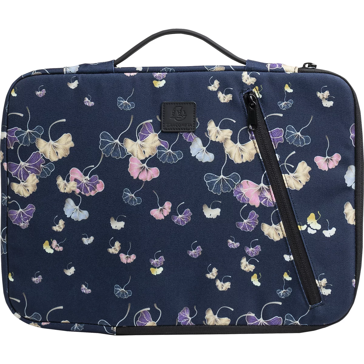 Sac d'ordinateur portable bleu foncé avec motif floral, fermeture éclair noire et poignée.