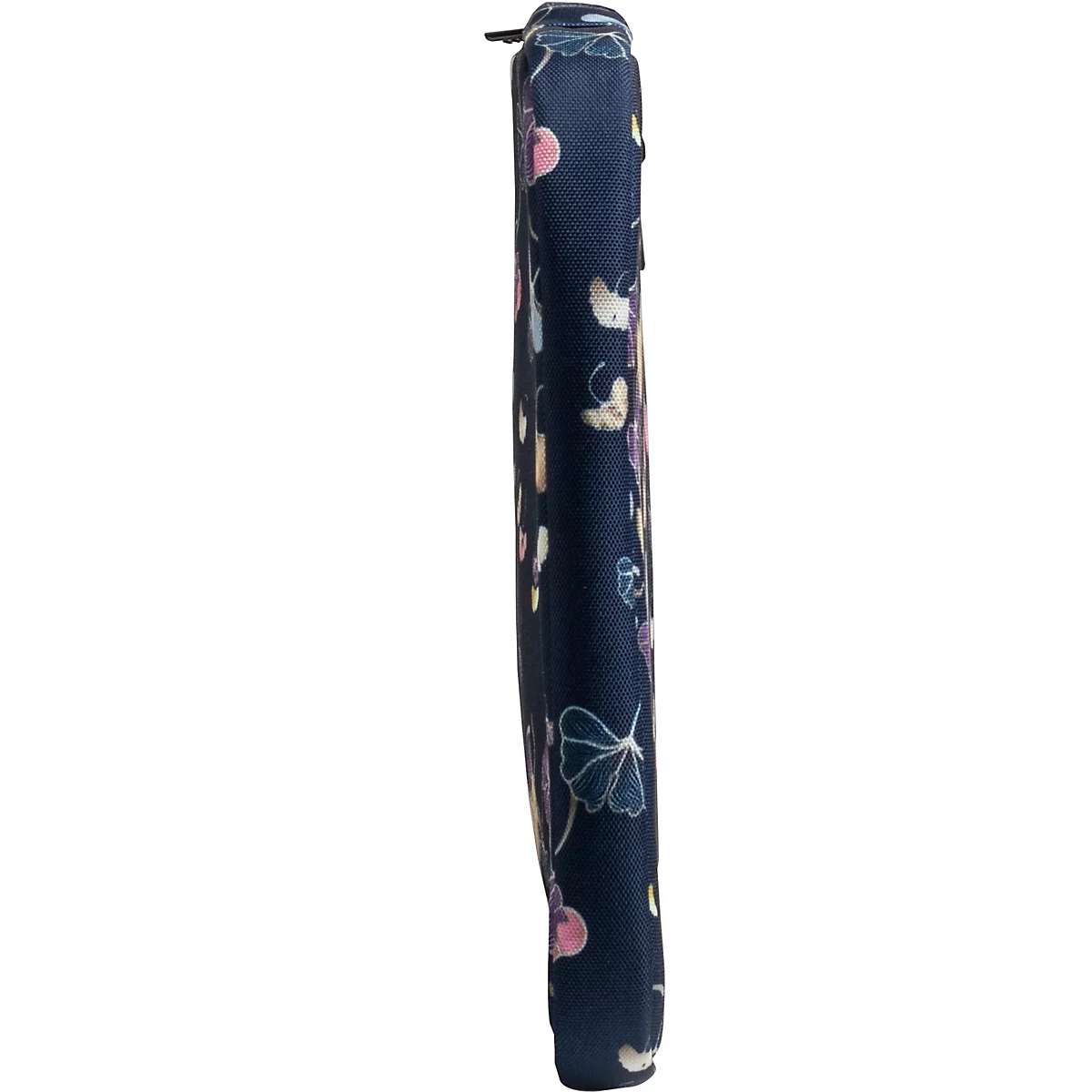 Trousse bleu foncé avec motif floral. Fermeture éclair sur le dessus.