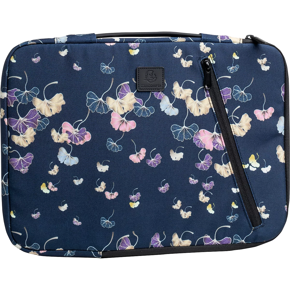 Housse d'ordinateur portable bleu foncé avec motif de feuilles de ginkgo pastel et fermeture éclair noire.