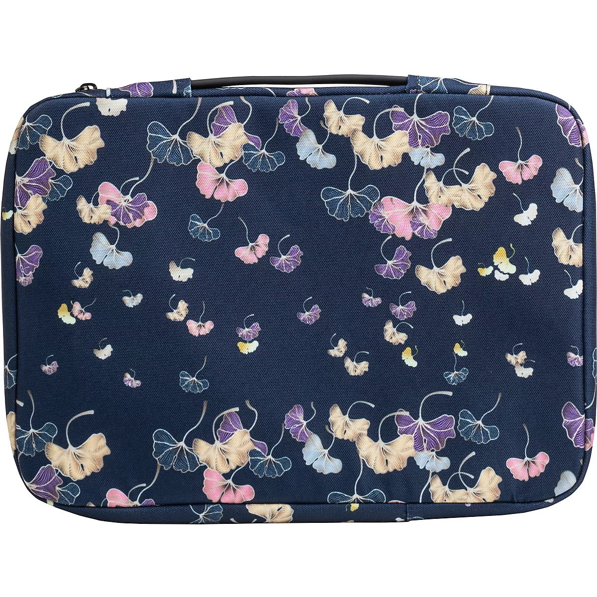 Trousse de maquillage bleu foncé avec motif floral aux couleurs pastel. Avec fermeture éclair et poignée.