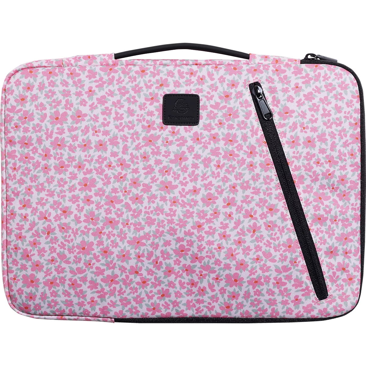 Sacoche pour ordinateur portable rose à motif floral, fermeture éclair noire et poignée.