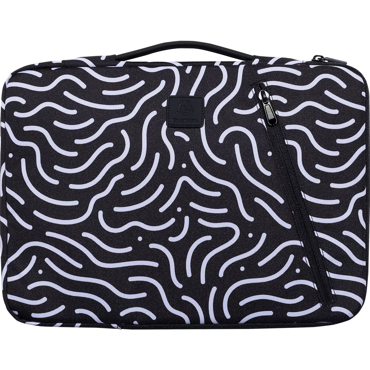 Sacoche pour ordinateur portable noire avec motif de vagues blanches. Fermeture éclair, poignée de transport et logo.