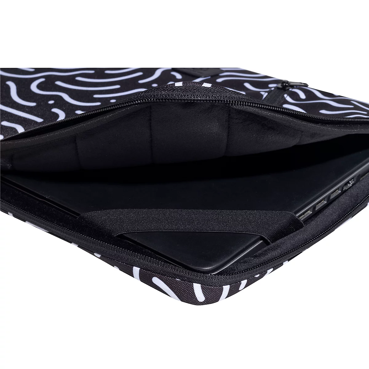 Housse d'ordinateur portable noire avec motif blanc, fermeture éclair et ordinateur portable.