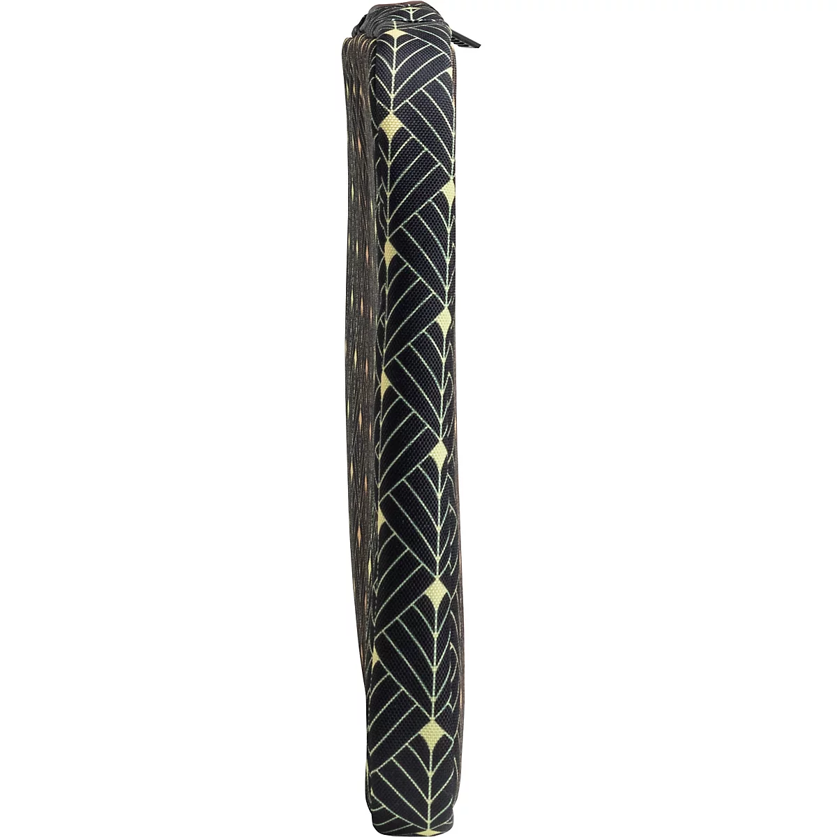 Un long sac fermé, noir avec des motifs géométriques jaunes répétés. Il y a une fermeture éclair sur le dessus.