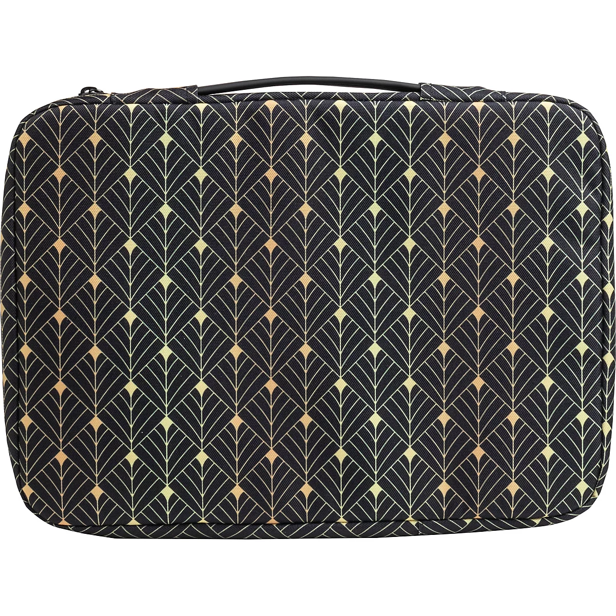 Trousse de maquillage noire avec un motif Art Déco doré. Une poignée noire et une fermeture éclair sur le dessus.