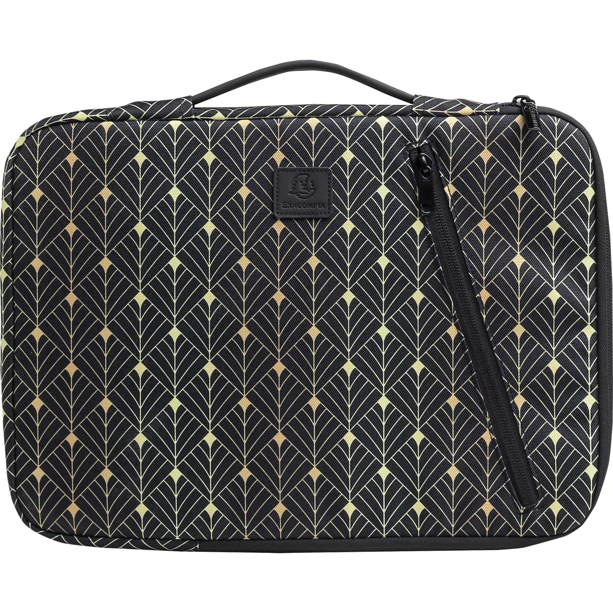 Trousse de maquillage noire avec un motif art déco doré, fermeture éclair et poignée.
