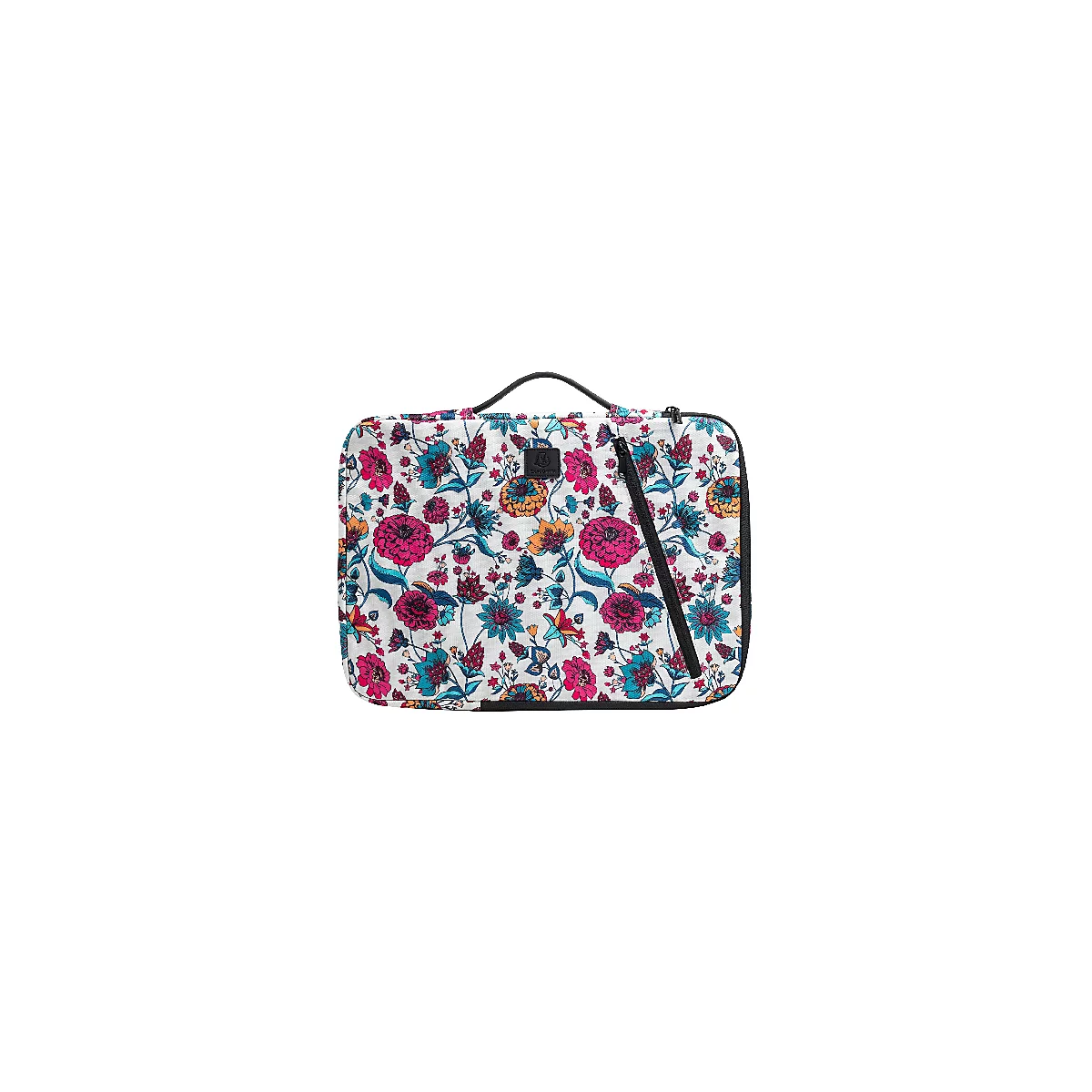 Motif floral sur un sac. Fleurs roses, bleues, jaunes sur fond blanc. Fermeture éclair noire, poignée.