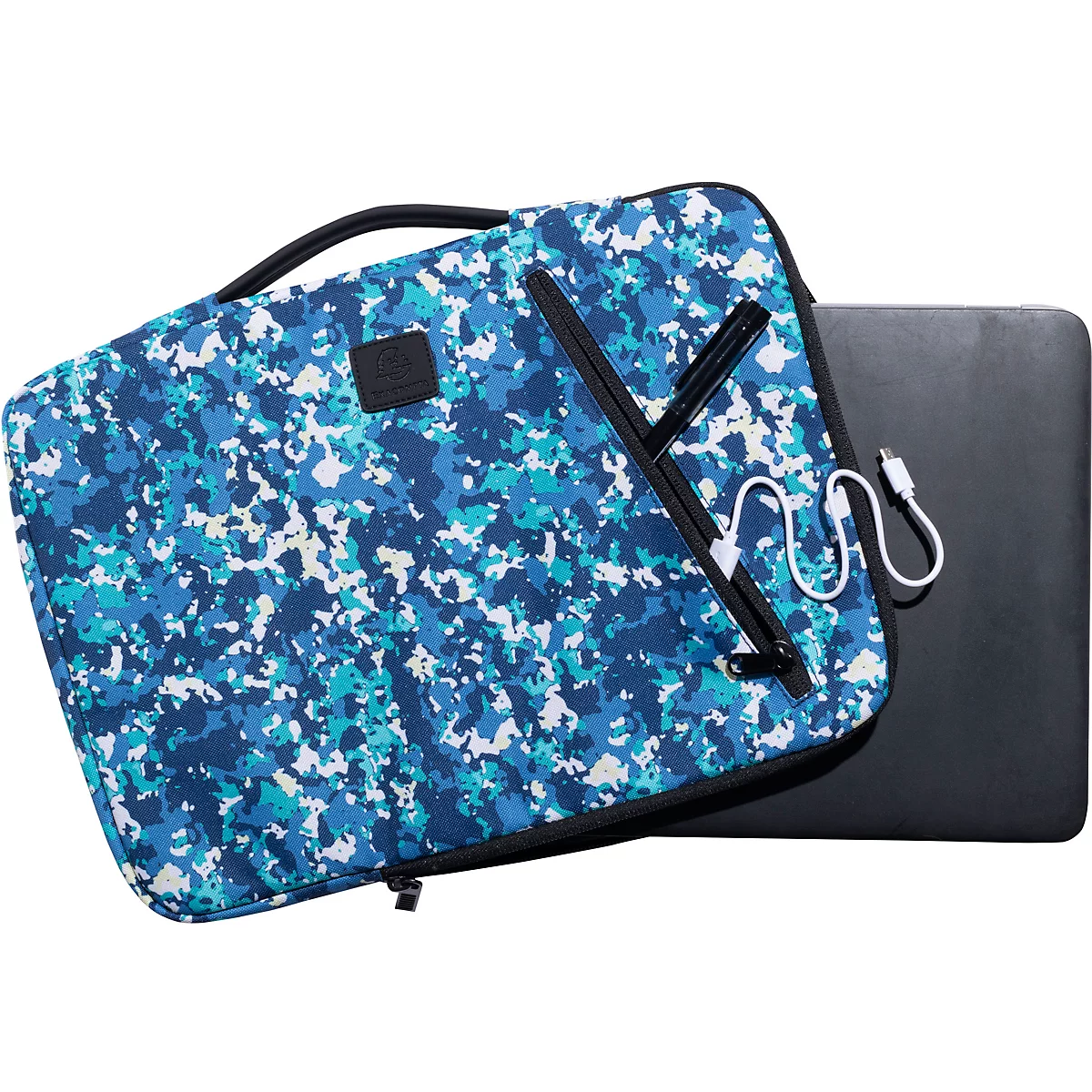 Sacoche pour ordinateur portable avec motif camouflage bleu et blanc, poignée, fermeture éclair et ordinateur portable noir.