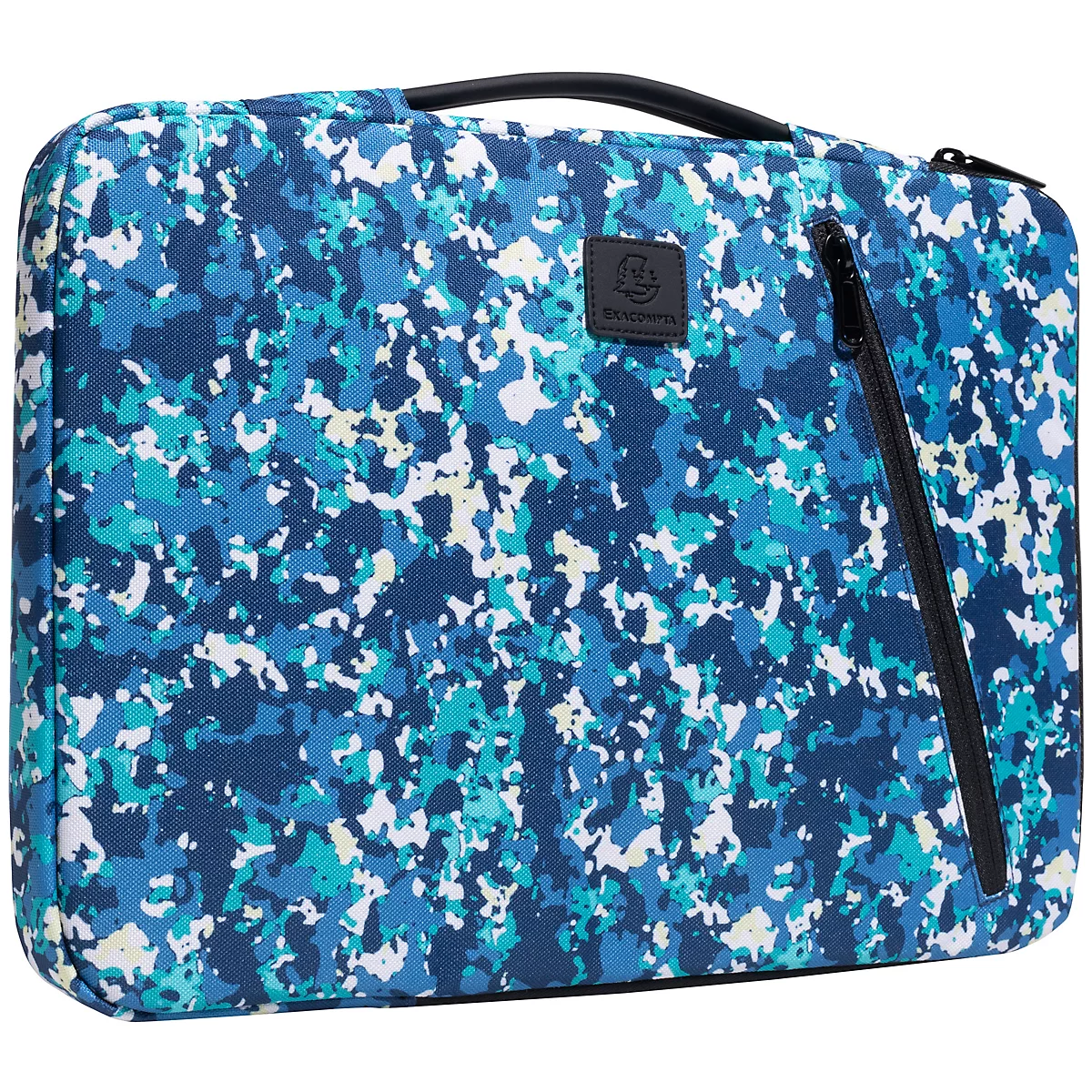 Housse d'ordinateur portable bleue avec motif camouflage, fermeture éclair noire et poignée.