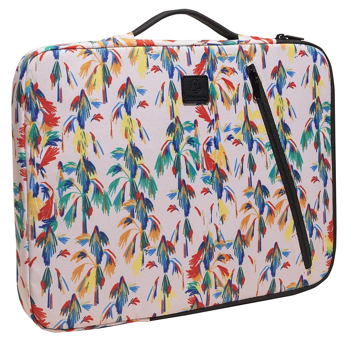 Sac de voyage avec motif de palmiers en rouge, vert, bleu et jaune. Poignée et fermeture éclair noires.