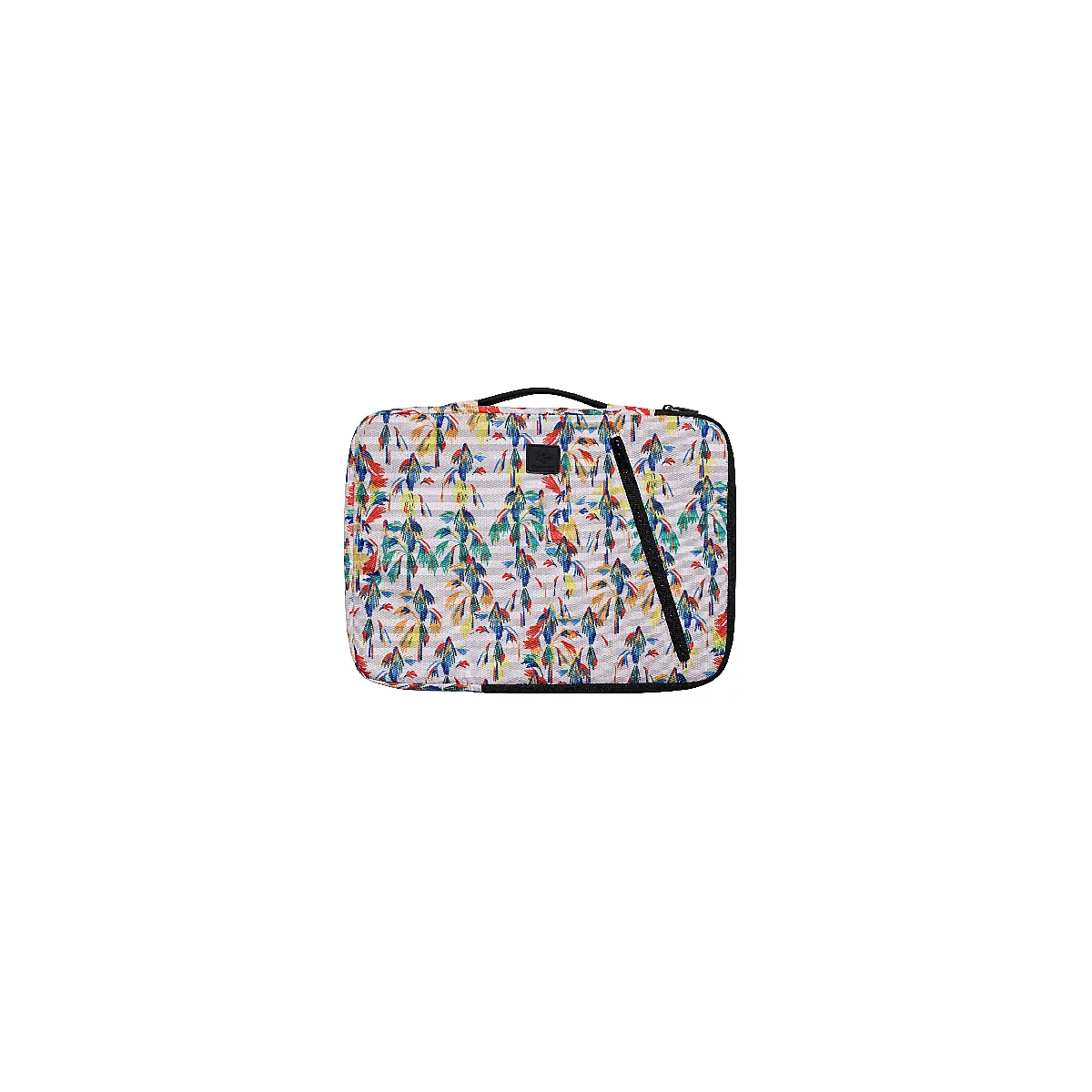 Sac avec motif palmier et poignée et fermeture éclair noirs.