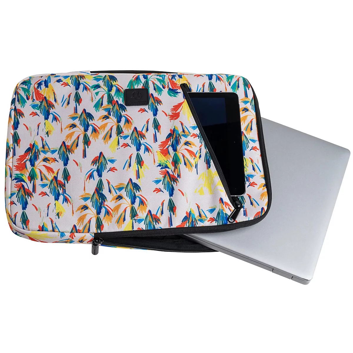 Housse d'ordinateur portable avec motif de palmiers colorés, ordinateur portable et tablette. Sac ouvert avec fermeture éclair.