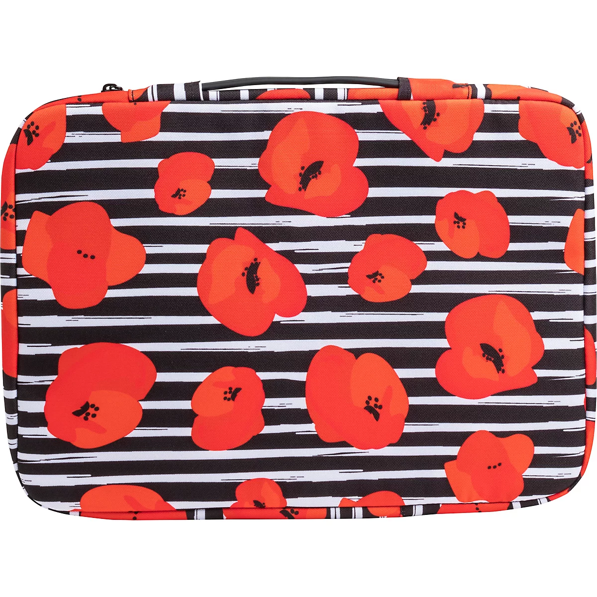 Une trousse de maquillage rectangulaire avec des coquelicots rouges sur un fond à rayures noir et blanc.