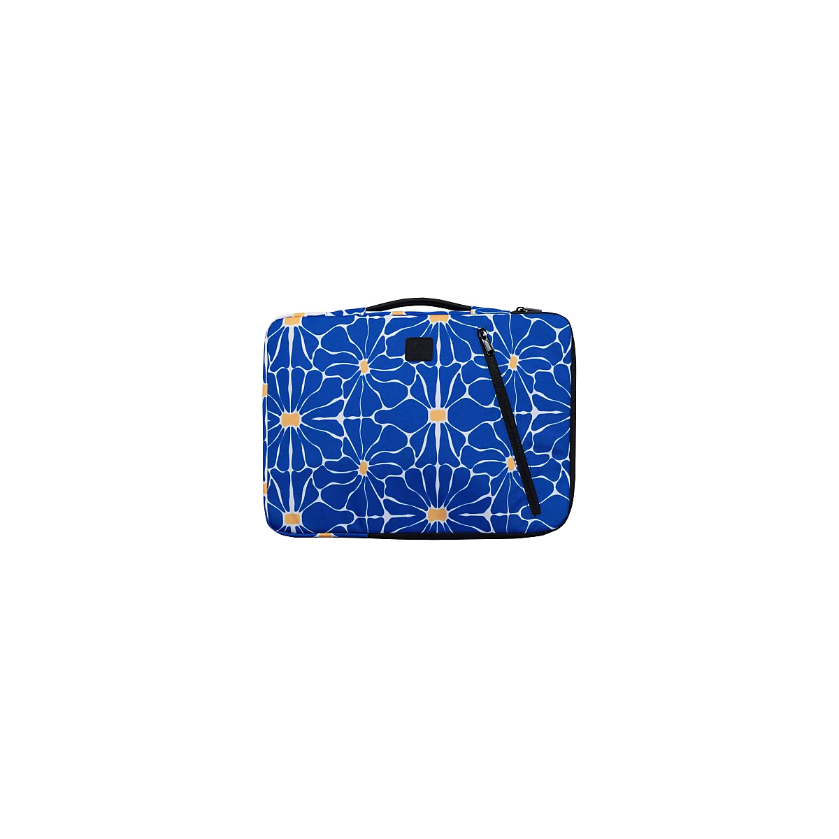 Étui bleu avec motif floral. Fermeture éclair, poignée et logo noirs. Centres de fleurs jaunes.