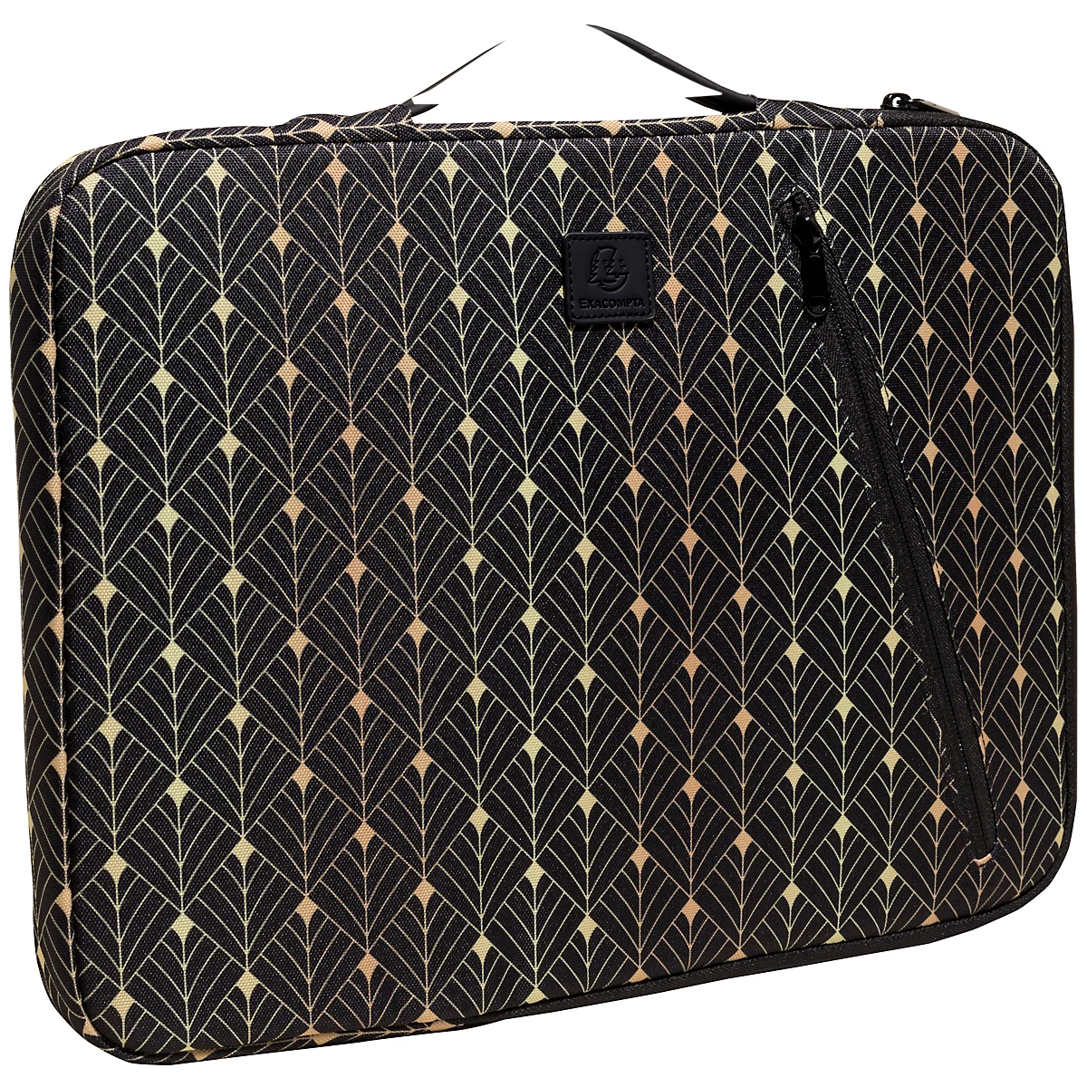 Trousse de maquillage noire avec motif géométrique doré. Poignée sur le dessus, fermeture éclair sur le côté.