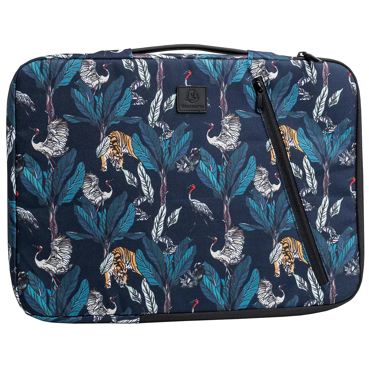 Sac pour ordinateur portable bleu foncé avec un motif de tigres, de grues et de feuilles. Fermeture éclair noire, poignée noire.