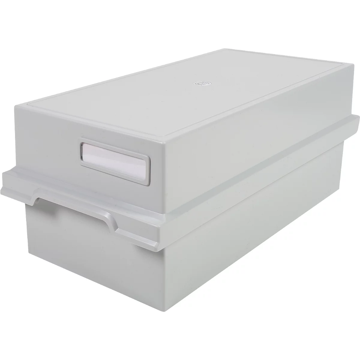 Graue Aufbewahrungsbox mit Deckel, Griffmulde und Beschriftungsfeld.
