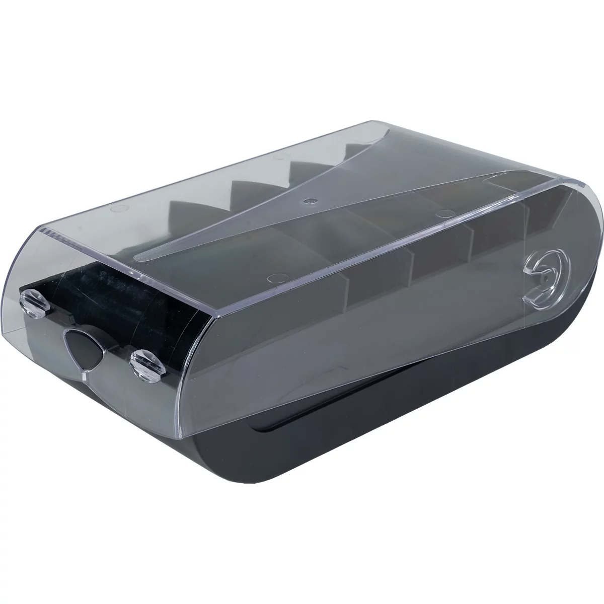 Grauer Batteriehalter mit durchsichtigem Deckel, sieben Fächern und abgerundeten Ecken.