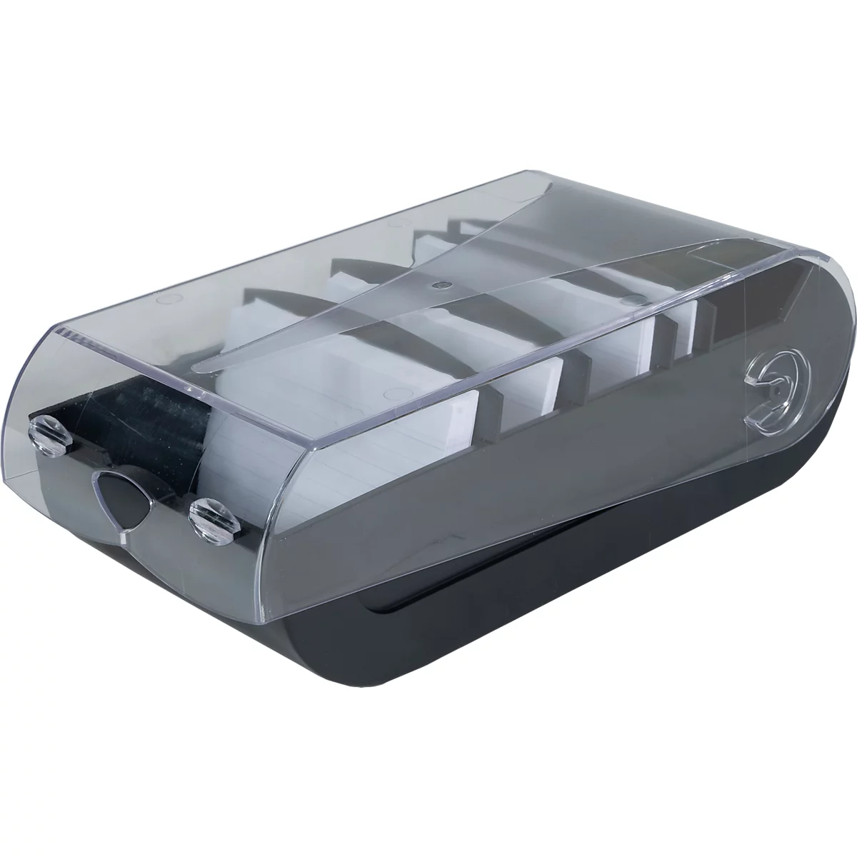 Graue Box mit transparentem Deckel, aufgeteilt in Fächer. Weisse Inhalte sichtbar.