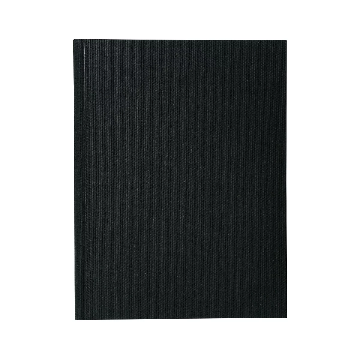 Ein geschlossenes, schwarzes Buch mit Leineneinband, das leicht schräg auf einer weißen Oberfläche liegt.