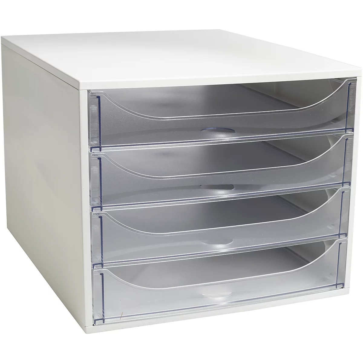 Witte opbergdoos met vier laden van transparant plastic.