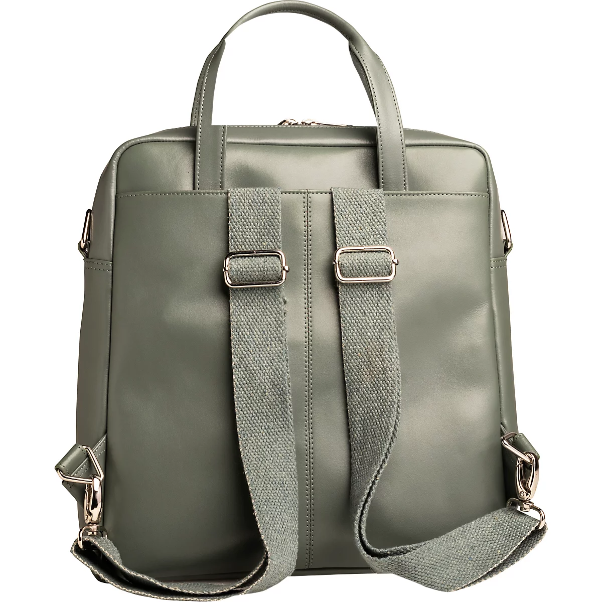 Hellgrüner Rucksack von hinten, mit Trägern und Tragegriff. Silberne Schnallen und Details.