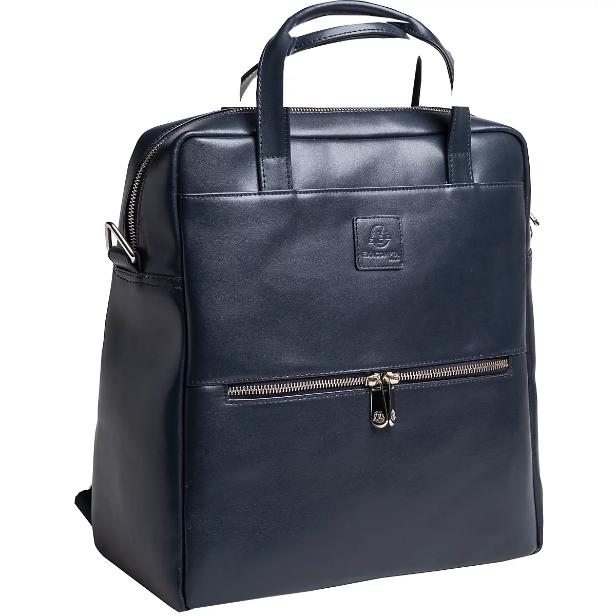 Dunkelblauer Lederrucksack mit Reißverschlüssen und Griff. Kleines Logo oben.